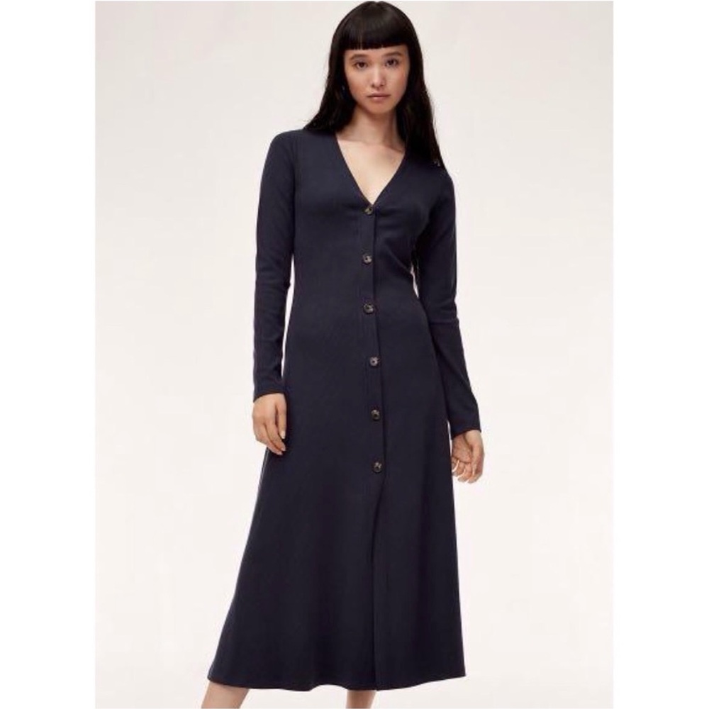 Wilfred Ines lyocell ribbed v neck long duster long dress cardi 30” ptp xxs blk